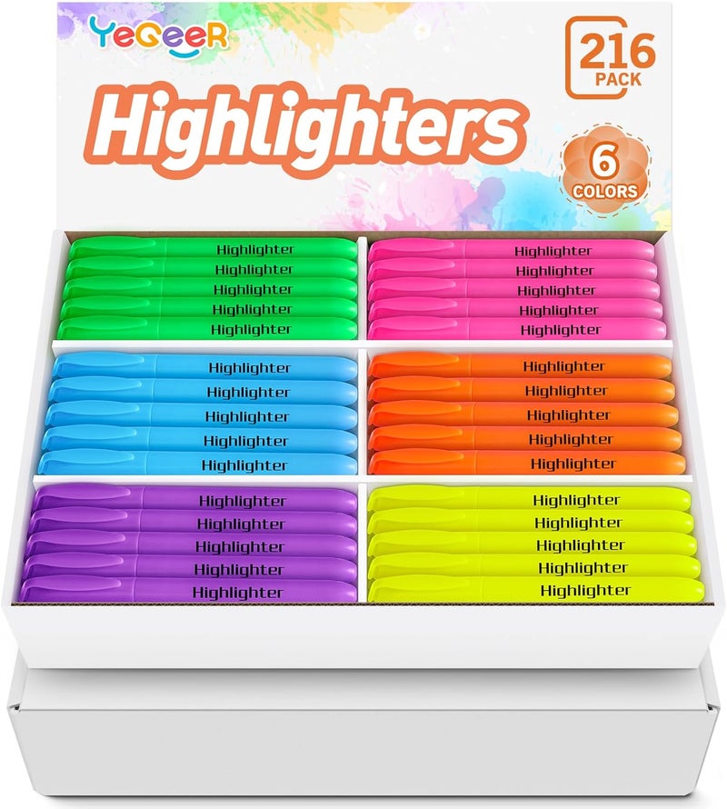 YEGEER Highlighters, Chisel Tip Dry-Quickly Highlighter Markers, 216 Count-6 Assorted Colors Highlighters Bulk Pack for Adult Kids, Office Classroom Must Have, School Supplies for Teachers (2 Boxes of 108) - Image 1